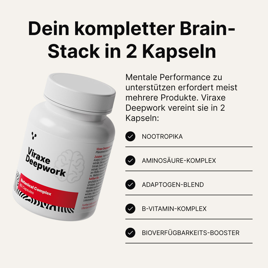 Viraxe Deepwork vereint einen kompletten Brain-Stack in 2 Kapseln: Nootropic-Support, Aminosäure-Komplex, Adaptogen-Blend, B-Vitamin-Komplex und Bioverfügbarkeits-Booster
