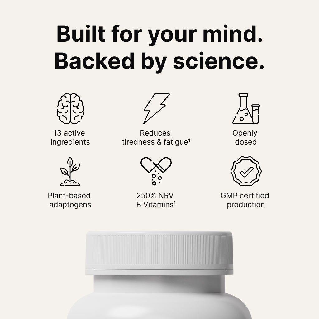 Viraxe Deepwork benefits: 13 active ingredients, B vitamins at 250% NRV reducing tiredness and fatigue, openly dosed, plant-based adaptogens, GMP-certified production