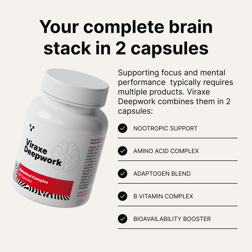 Viraxe Deepwork combines a complete brain stack in 2 capsules: nootropic support, amino acid complex, adaptogen blend, B vitamin complex and bioavailability booster
