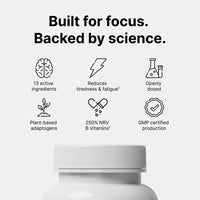 Viraxe Deepwork key benefits — 13 active ingredients, reduces tiredness and fatigue, openly dosed, plant-based adaptogens, 250% NRV B vitamins, GMP certified