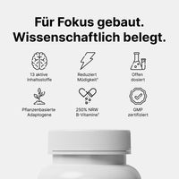 Viraxe Deepwork Hauptvorteile — 13 aktive Inhaltsstoffe, reduziert Müdigkeit und Erschöpfung, offen dosiert, pflanzliche Adaptogene, 250% NRV B-Vitamine, GMP-zertifiziert
