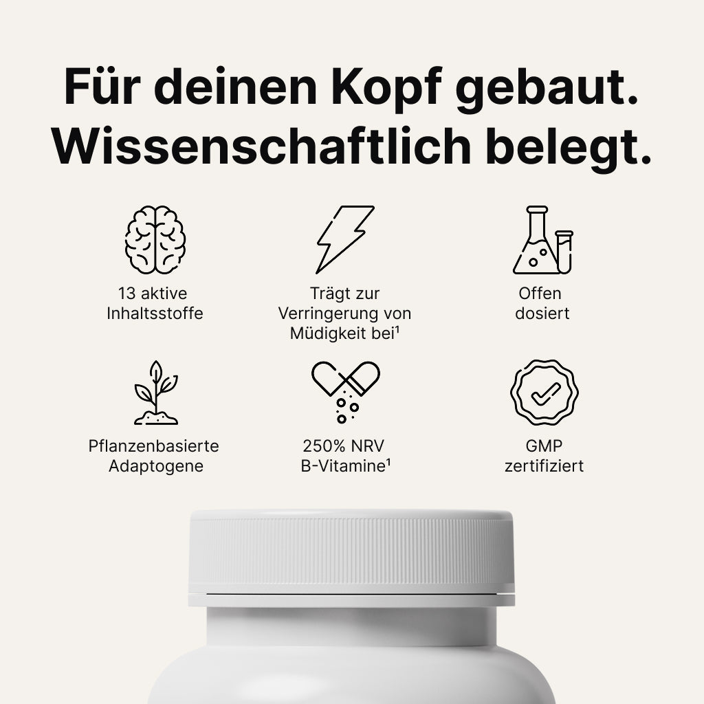 Viraxe Deepwork Vorteile: 13 aktive Inhaltsstoffe, B-Vitamine mit 250% NRV zur Verringerung von Müdigkeit, offen dosiert, pflanzliche Adaptogene, GMP-zertifizierte Produktion