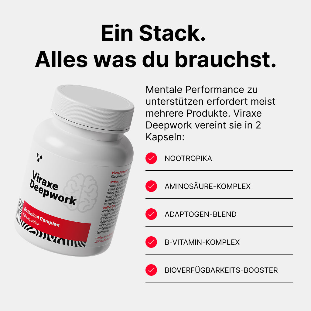 Viraxe Deepwork All-in-One Nootropikum Stack — Nootropika, Aminosäurekomplex, Adaptogene, B-Vitaminkomplex, Bioverfügbarkeits-Booster