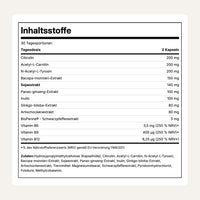 Viraxe Deepwork Nährwerttabelle: Tagesdosis 2 Kapseln mit Citicolin, Acetyl-L-Carnitin, N-Acetyl-L-Tyrosin, Bacopa, Ginseng, Ginkgo, BioPerine und B-Vitaminen