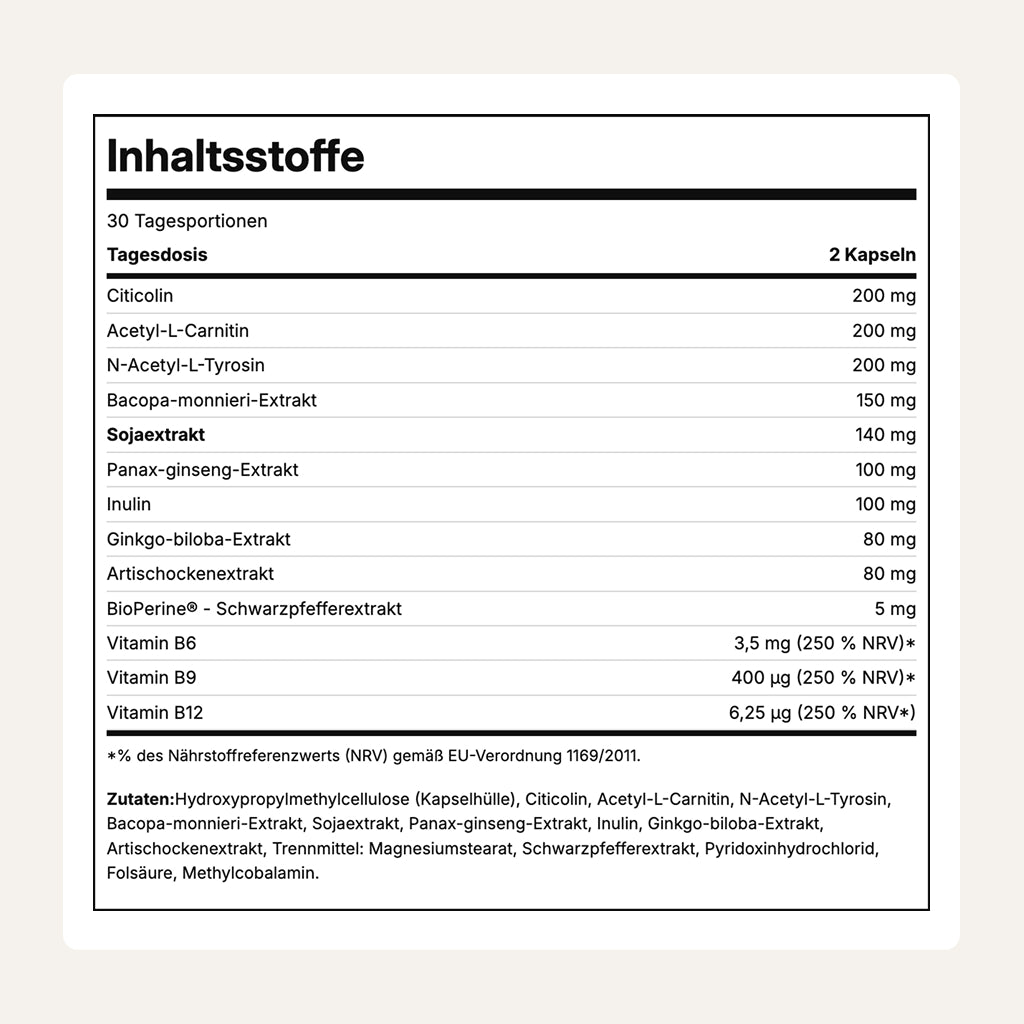 Viraxe Deepwork Nährwerttabelle: Tagesdosis 2 Kapseln mit Citicolin, Acetyl-L-Carnitin, N-Acetyl-L-Tyrosin, Bacopa, Ginseng, Ginkgo, BioPerine und B-Vitaminen