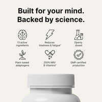 Viraxe Deepwork benefits: 13 active ingredients, B vitamins at 250% NRV reducing tiredness and fatigue, openly dosed, plant-based adaptogens, GMP-certified production