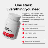 Viraxe Deepwork all-in-one nootropic stack — nootropic support, amino acid complex, adaptogen blend, B vitamin complex, bioavailability booster