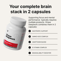 Viraxe Deepwork combines a complete brain stack in 2 capsules: nootropic support, amino acid complex, adaptogen blend, B vitamin complex and bioavailability booster
