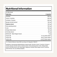 Viraxe Deepwork supplement facts: daily dose of 2 capsules with citicoline, acetyl-L-carnitine, N-acetyl-L-tyrosine, bacopa, ginseng, ginkgo, BioPerine and B vitamins